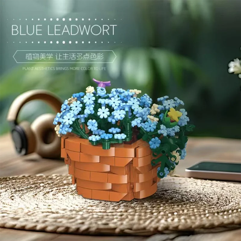 Planta en maceta Plumbago, ensamblaje sencillo, bloques de construcción de partículas pequeñas, adorno pequeño para el hogar o escritorio.