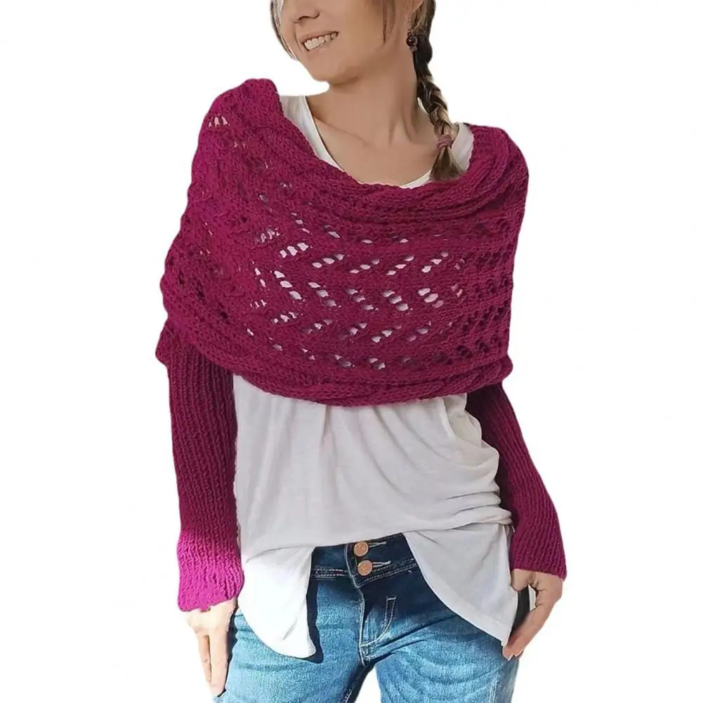 Women Knitted Cable Wrap Scarf with Sleeves Soft Bohemian Style Hollow Crochet Pattern Cross Wrap Sweater Wrap