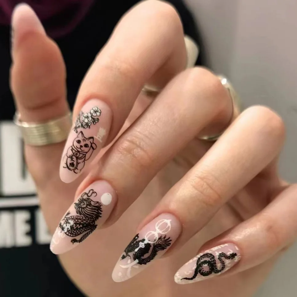 24Ps Geometric Black White French Wearing Fake Nails Long Airy Glitter False Nails Art Acrylic Full Coverage Press on Nail Tips