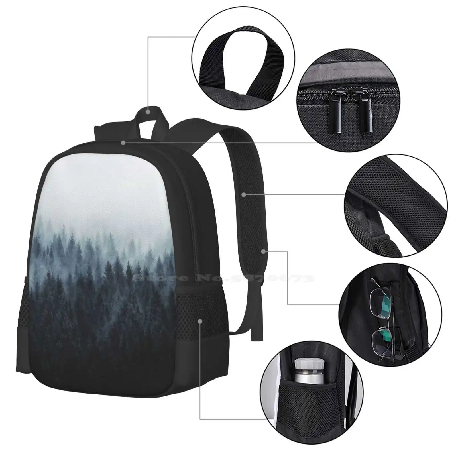 High And Low Pattern Design Bag Student'S Backpack Landscape Moody Mountain Adventure Mist Wanderlust Outdoors Nature Tree