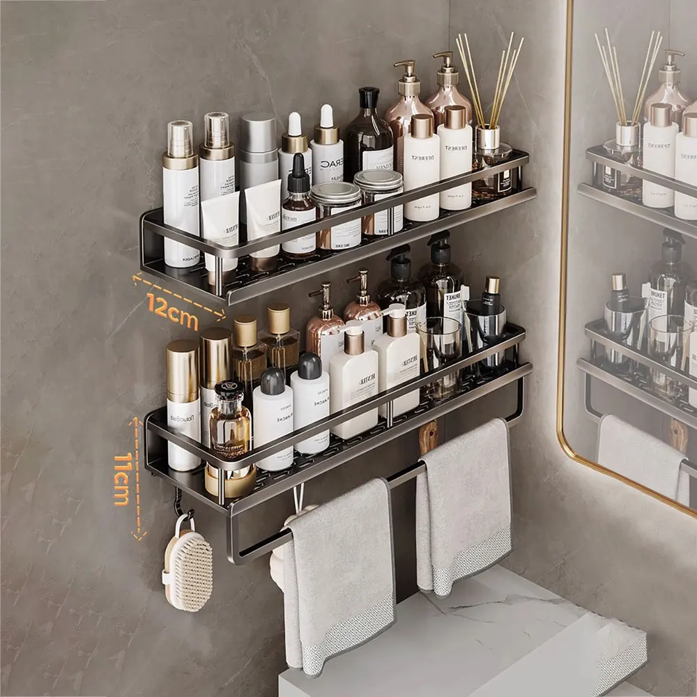 Bathroom Organizer Without Drilling Wall Aluminum Shower Shelf Shampoo Holder Gray Toilet Storage Rack Bathroom Accessories