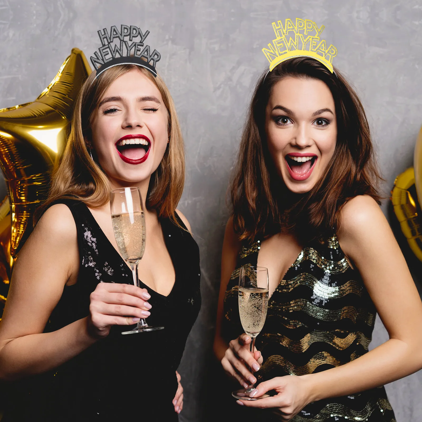 12Pcs New Year Tiara Headband Aluminum Foil Happy New Year Hair Hoop Lightweight Party Decoration 2026 Eve