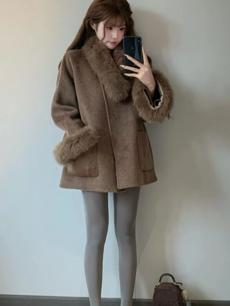 Autumn Winter Vintage Elegant Overcoat Women New Woolen Princess Design Retro Warm Coat Female Brown Chic Korean Popular Clothes