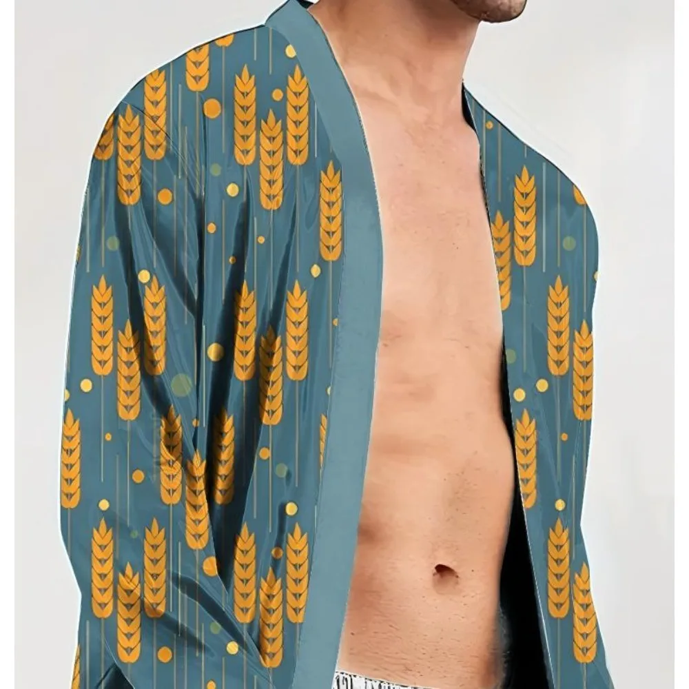 Men's long robe with wheat pattern digital printing, spring and autumn leisure entertainment fun sleeping robe quick drying