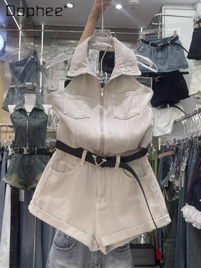Chic Trend Vielseitig Babes Revers Zipper Denim Overall Mode Hot Girl Sexy Ärmellose Hohe Taille Breite Bein Shorts Frauen Sommer