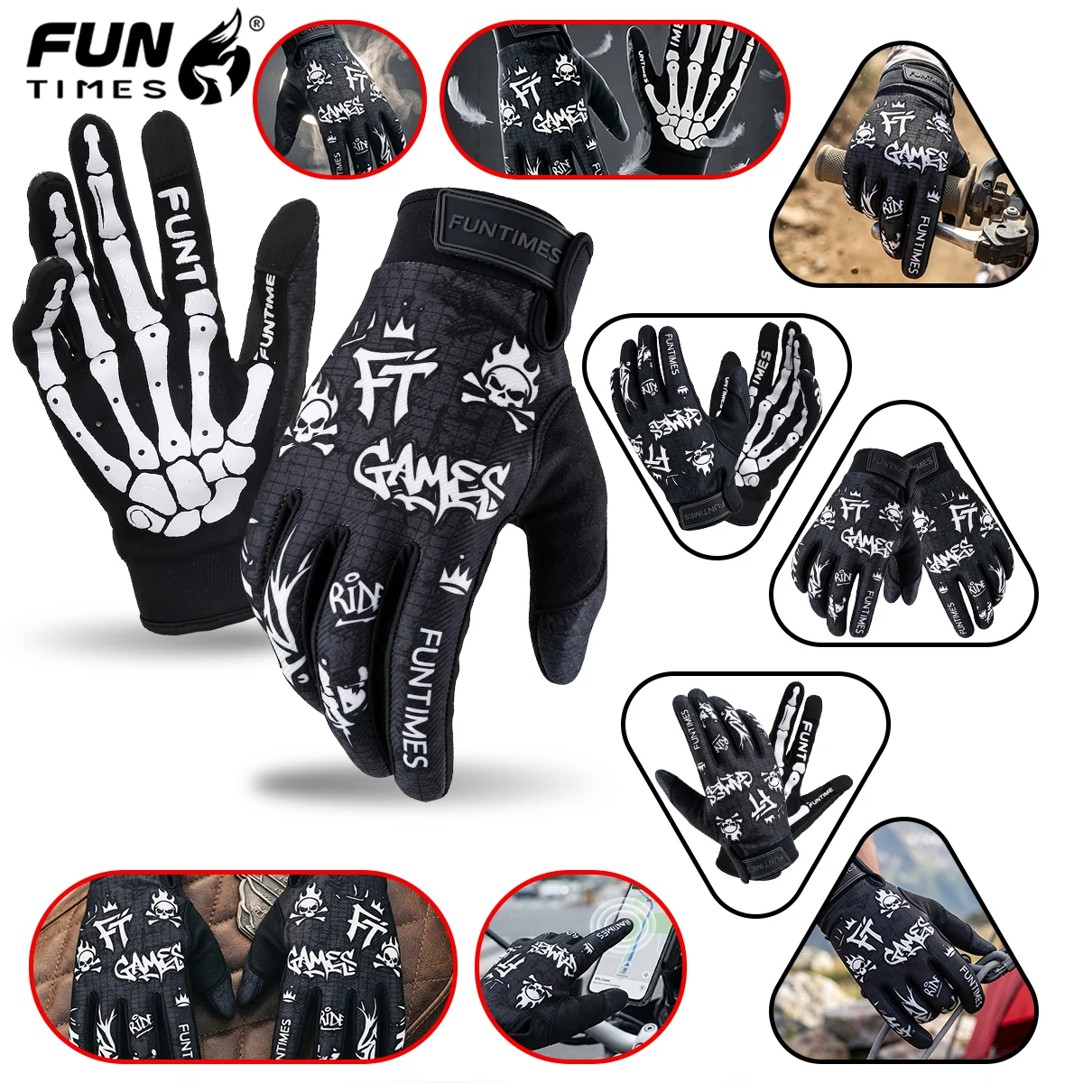 New Skeleton Printed Full Finger Gloves for Cycling, Off Road, Street Trendy Play