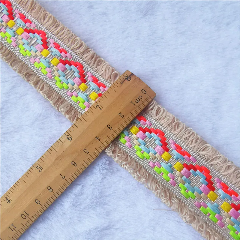 2Yards 4.3cm Cotton Tassel Lace Checkered Fringe Jacquard Webbing DIY Decorative Headdress Clothing Collar Silk Ribs Lace Ribbon