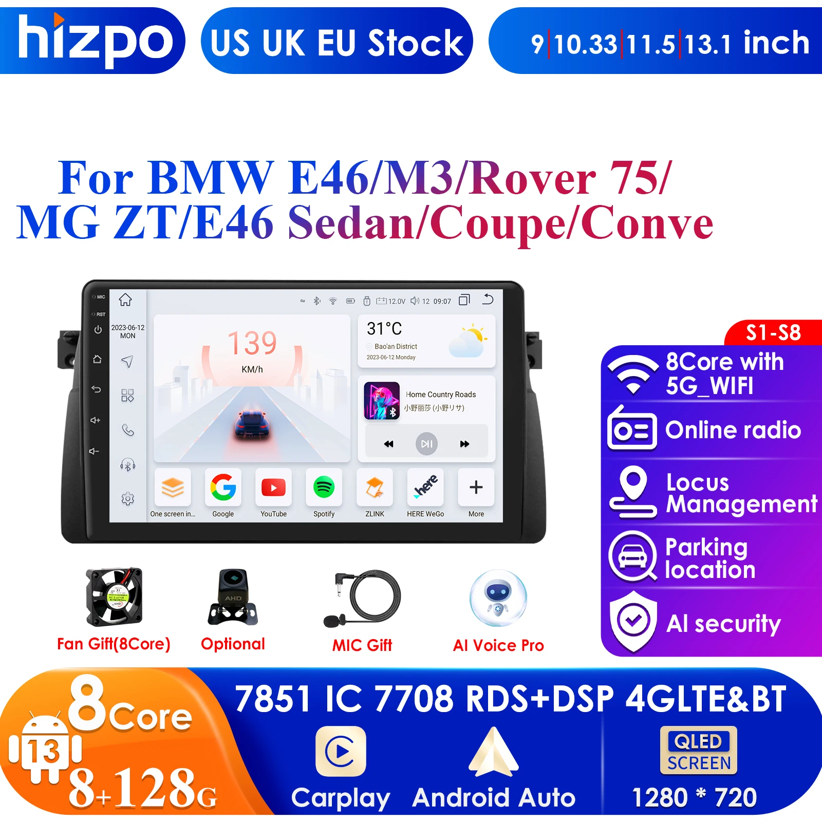 

Hizpo CarPlay 4G 9'' AI Intelligent Systems Android 13 Car Radio Player for BMW 3 Series E46 M3 318 320 325 330 335 1998-2005 BT