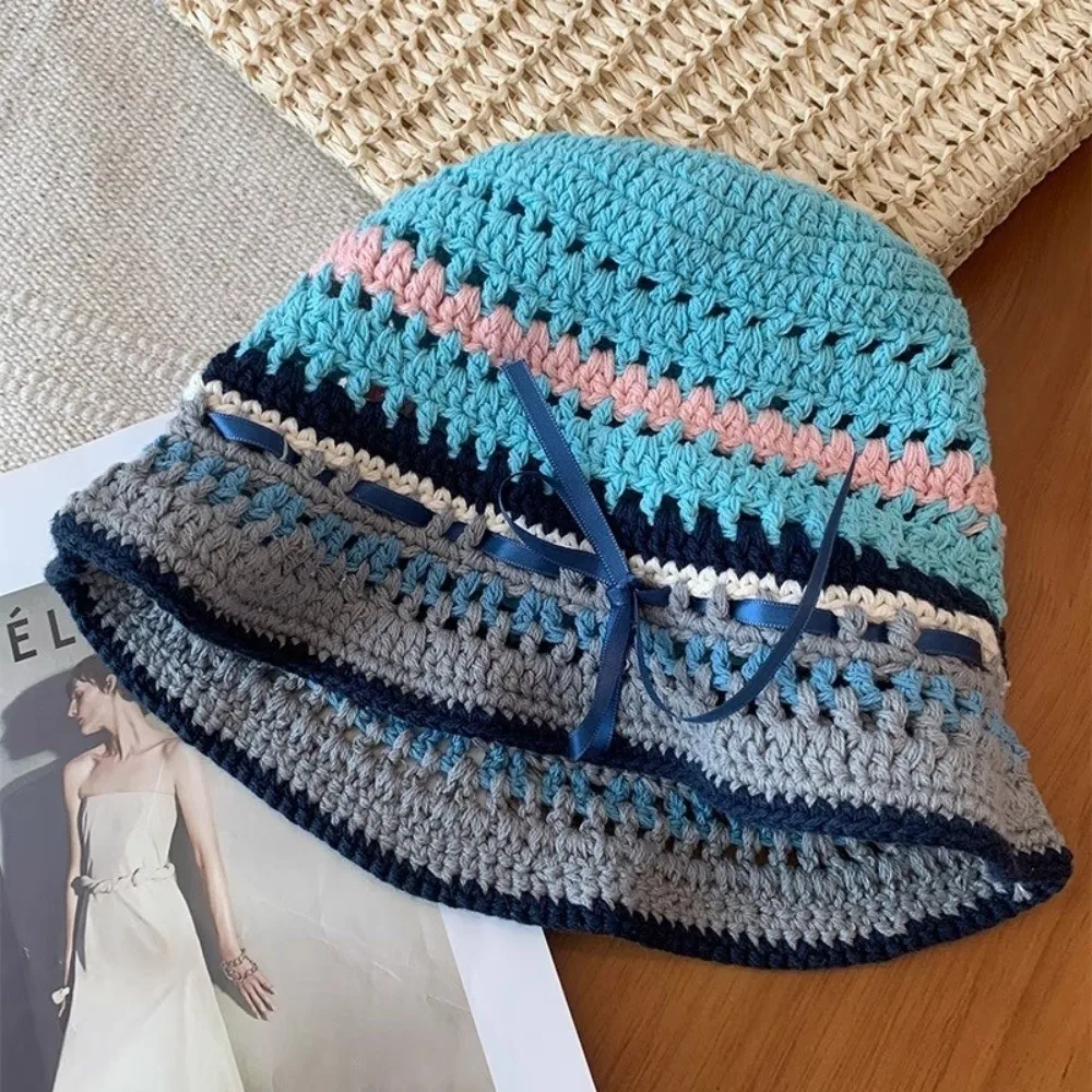 

Korean Handmade Knitted Bucket Hats Bow Ribbon Y2k Hollow Basin Cap Sweet Spring Summer Weave Hats Outdoor