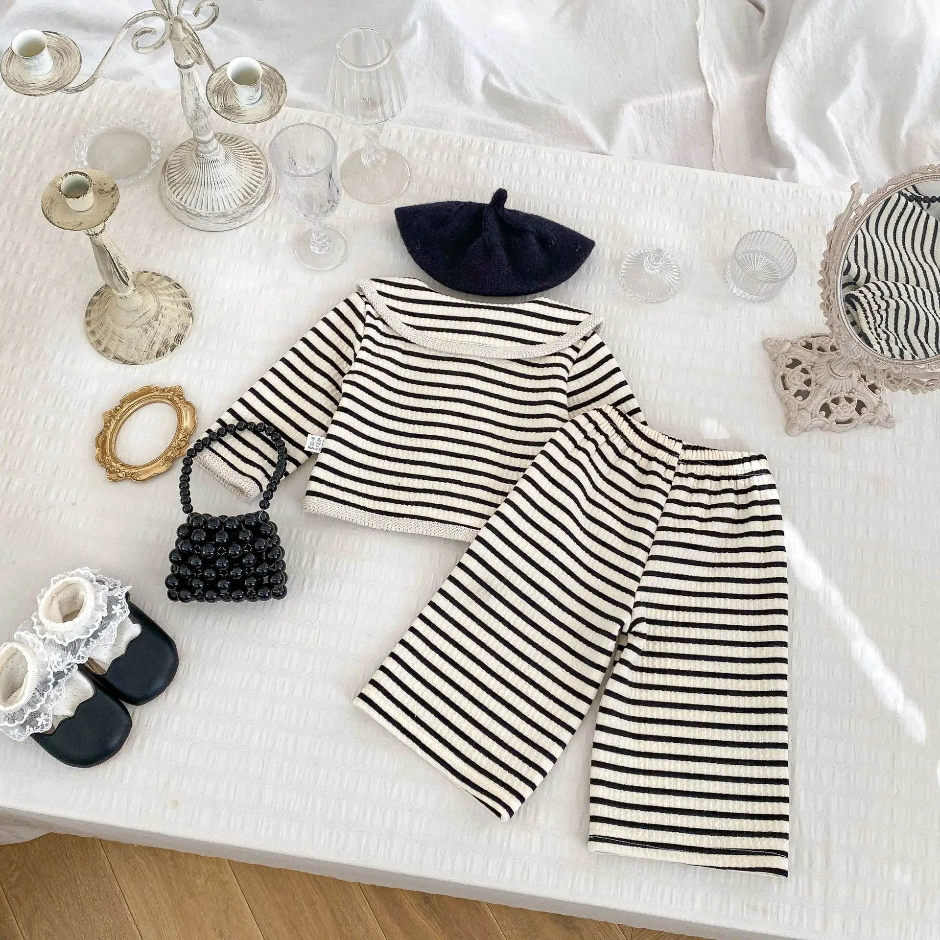 2025 ربيع الفتيات مخطط مجموعة بسيطة التلبيب كم طويل سترة علوية عادية بنطال ذو قصة أرجل واسعة قطعتين مجموعة 73-120 سنتيمتر #2