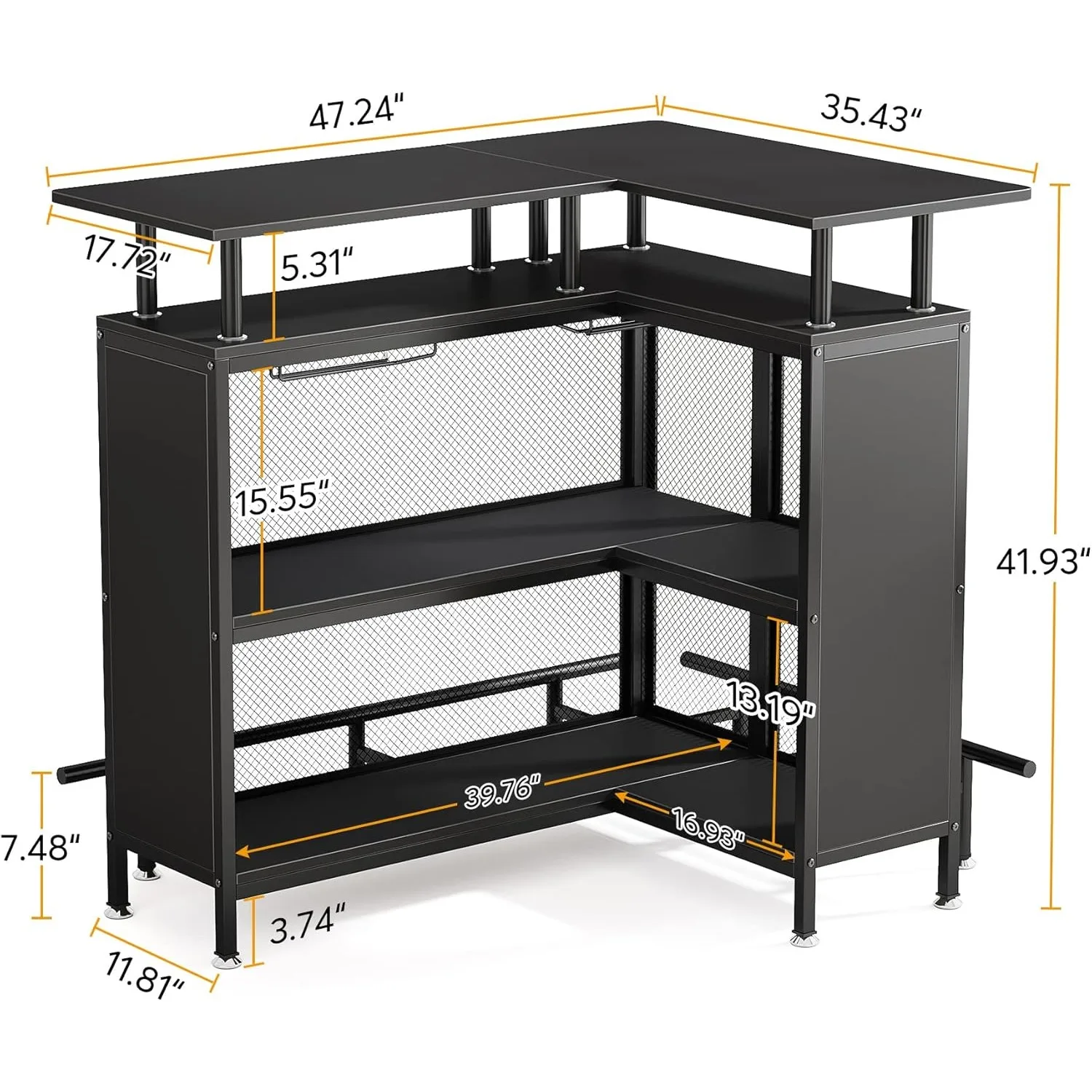 Home Bar L-Shaped Bar Table with Stemware Racks and 2-Tier Shelves, Corner Coffee Liquor Cabinet with Footrest for Home