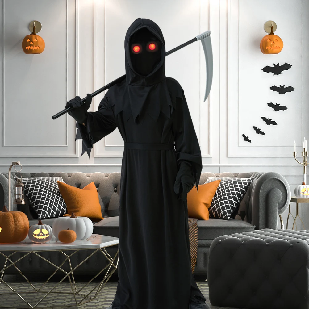 Halloween Cosplay Costume Grim Reaper Scary Skeleton Costume Children Glowing Red Eyes Grim Reaper Ghost Robe Send Scythe Props