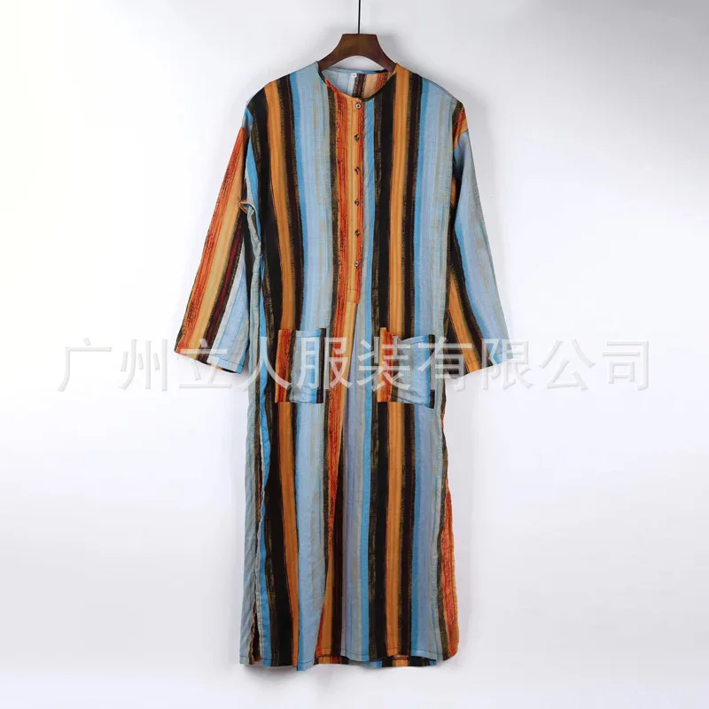 Muslim Clothes 2025 Southeast Asian New Fashion Men's Casual Trendy Long Sleeve O-neck Straight Striped Loose Jubba Thobe Male