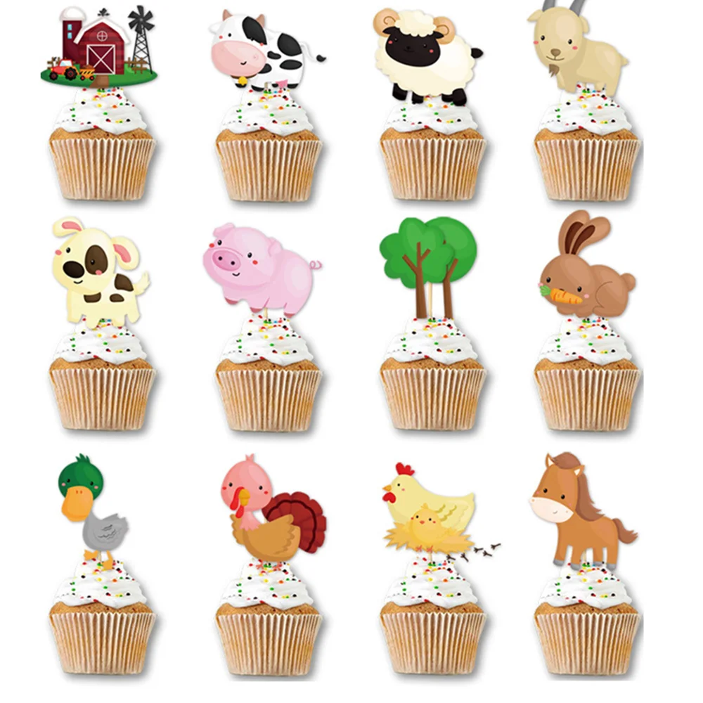 

24pcs/set Farm Party Cake Toppers Cow Sheep Duck Pig Cupcake Topper for Children Birthday Cake Decorations