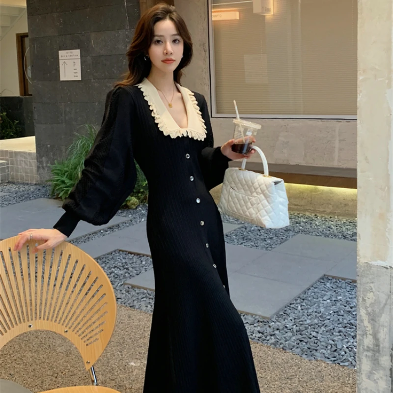 Button Stitching Bubble Long Sleeve Women Dress 2022 Fall Winter Small Soft Wind Doll Collar Style Fragrant Black Knitted Skirt