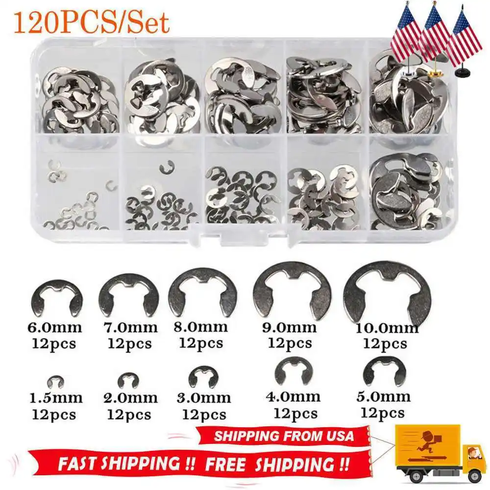 120Pcs E Clips C Circlip Stainless Steel Kit Retaining Ring Assorted 1.5 to 10mm