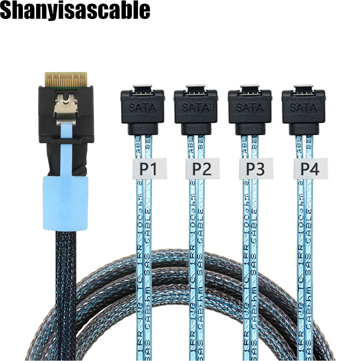 1.0 Meter PCIe SlimSAS SFF-8654 4I 38Pin Anti-Misplug Connector to 4-Port 90° Right Angle SATA Female Port, High Speed SSD Serve