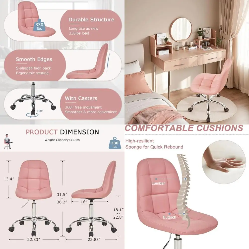 

Armless Home Office Desk Chair, Height Adjustable, PU Leather 360 Degree Swivel with Wheels, Stylish Casual Vanity Seat for Stud