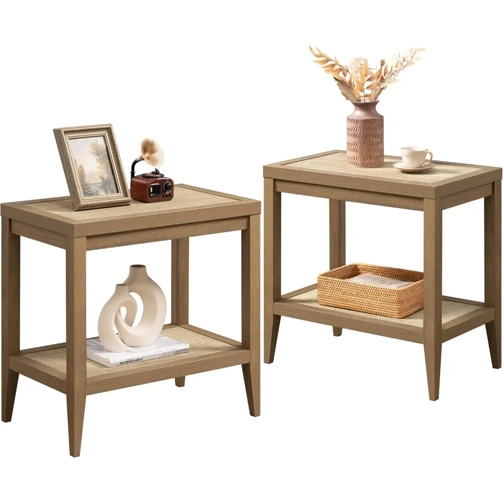 

pair of rattan nightstands: bohemian style slim side tables with storage shelves for living room