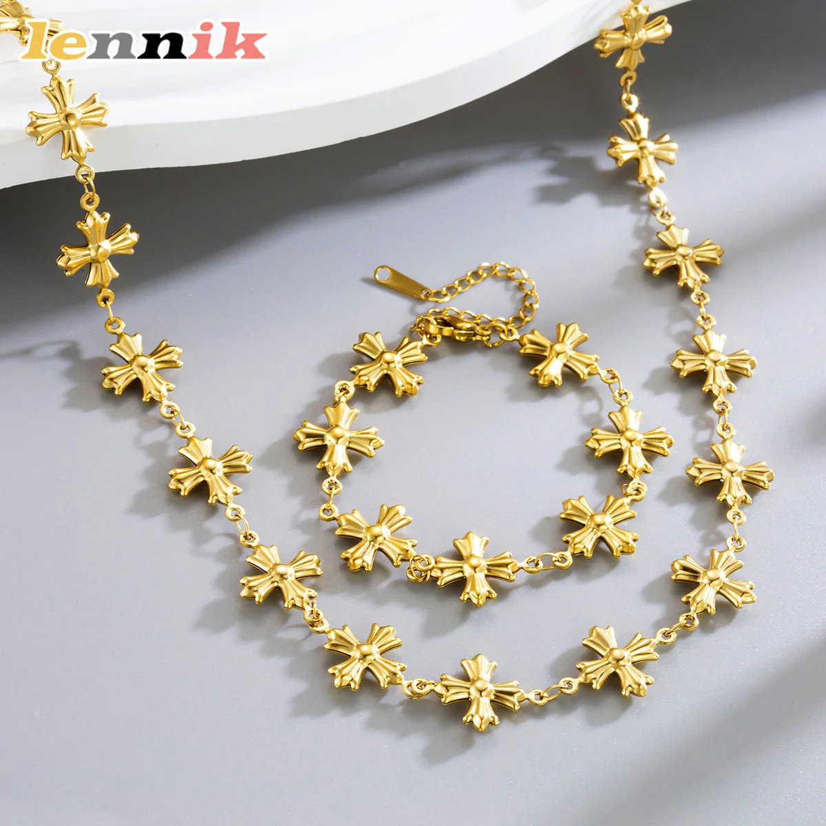 LENNIK النمط البيزنطي الروماني الرجعية الذهب منحوتة الصليب المرأة سوار قلادة ، عالية الجودة المتخصصة شخصية سلسلة مجوهرات