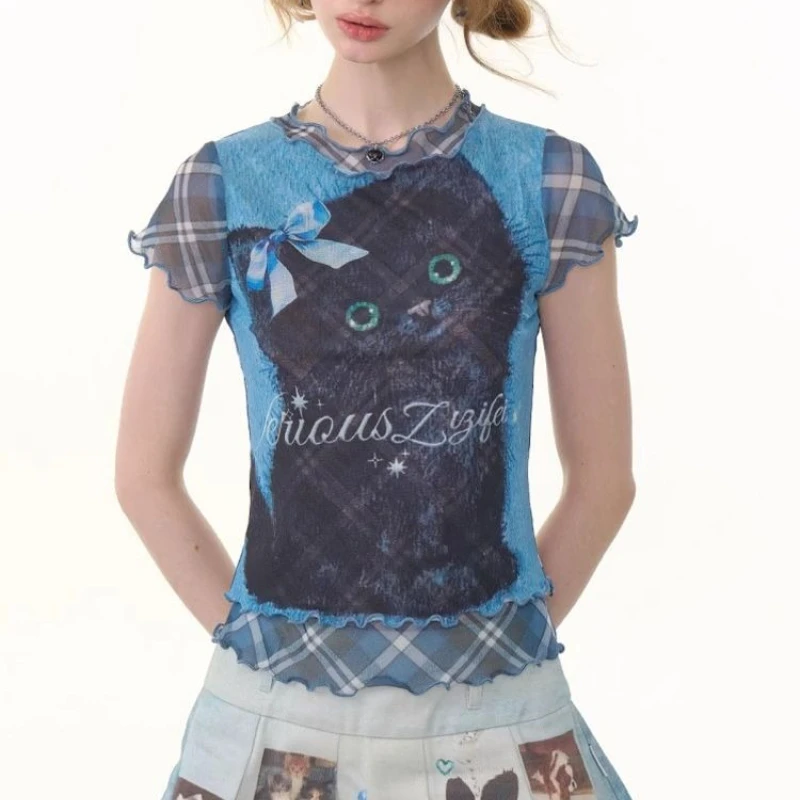 

Deeptown Vintage Y2k Mesh T-Shirts Women Harajuku Gothic Cat Print Tees Japanese Style Kawaii Blue Short Sleeve T-Shirts Slim Up