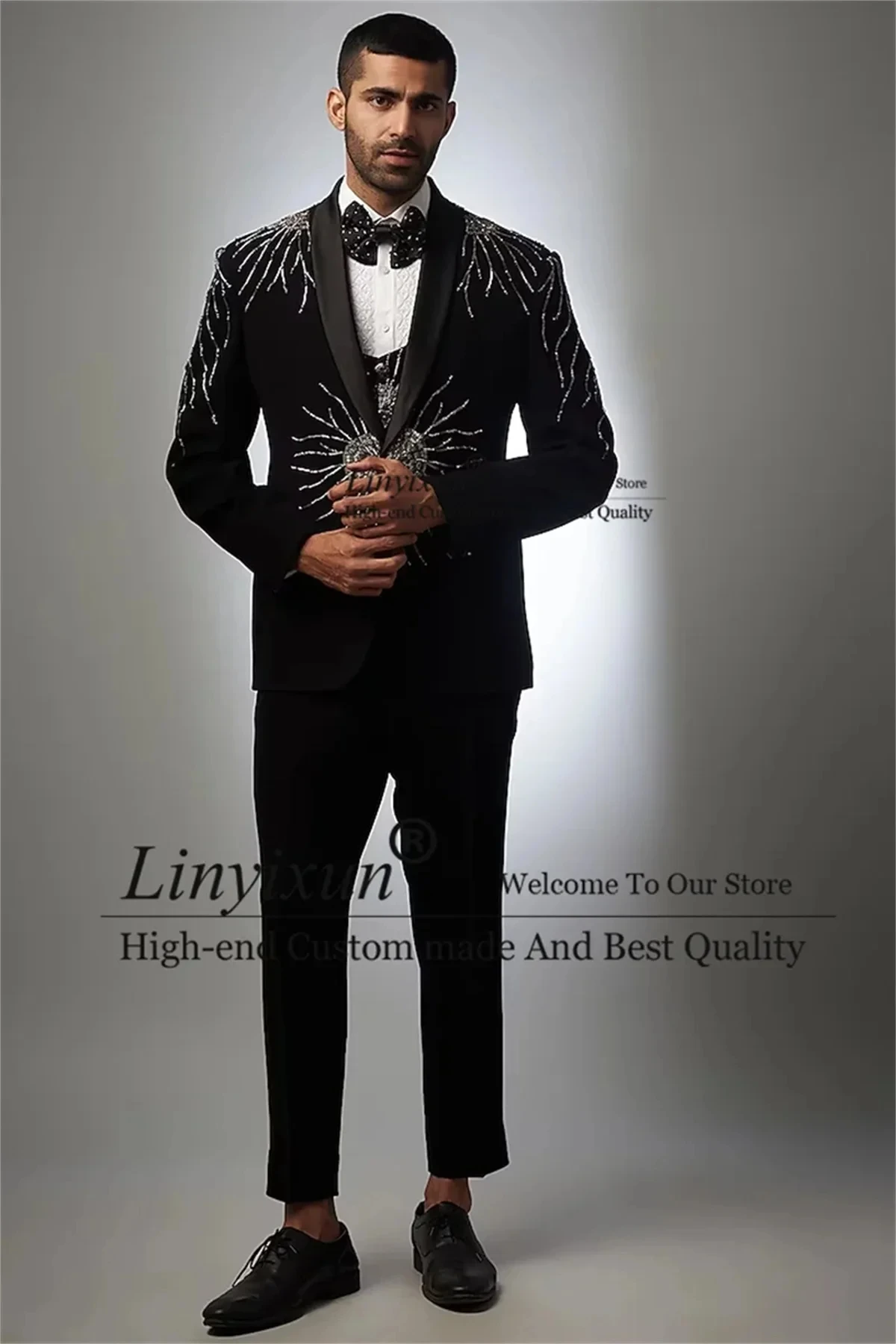 

Luxury Crystal Men Suits 3 Pieces Sets Bridegroom Prom Blazers Shawl Lapel Groom Wedding Tuxedos Slim Fit Party Costume Homme