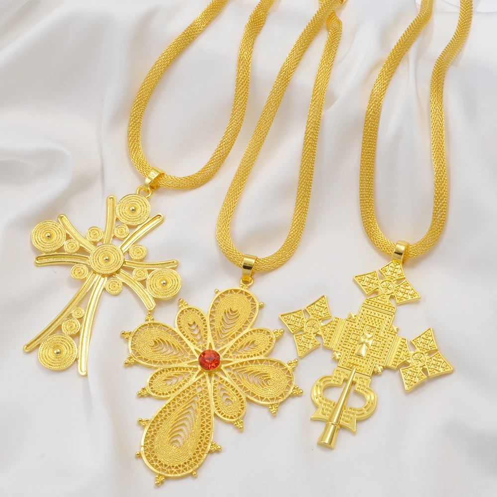 Anniyo Ethiopian Big Cross Pendant Necklaces for Women Girls Gold Color Eritrean African Ethnic Traditional Jewelry #345106B