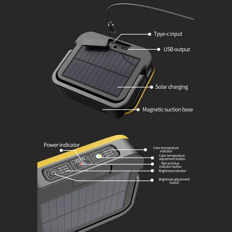 1200 Lumens LED ไฟฉายพลังแสงอาทิตย์ตะเกียงตั้งแคมป์ตกปลากลางแจ้งทำงานซ่อมแสง LED ไฟฉุกเฉินแบบพกพา