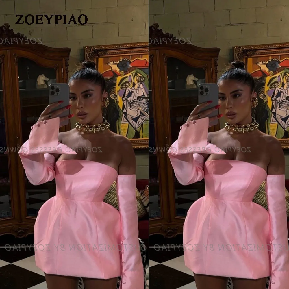 Pink A-line Short Formal Homecoming Dress Bohemian Full Sleeve Above Knee Cocktail Party Gown Mini Cocktail Vestidos De Novia