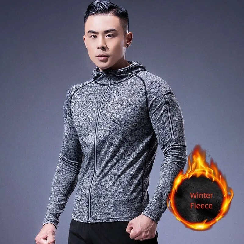Men's Running Clothing Sports Fleece Sweatshirt Tights Training Fitness Winter Hooded Cardigan Jacket Quick Dry Coat Long Sleeve
