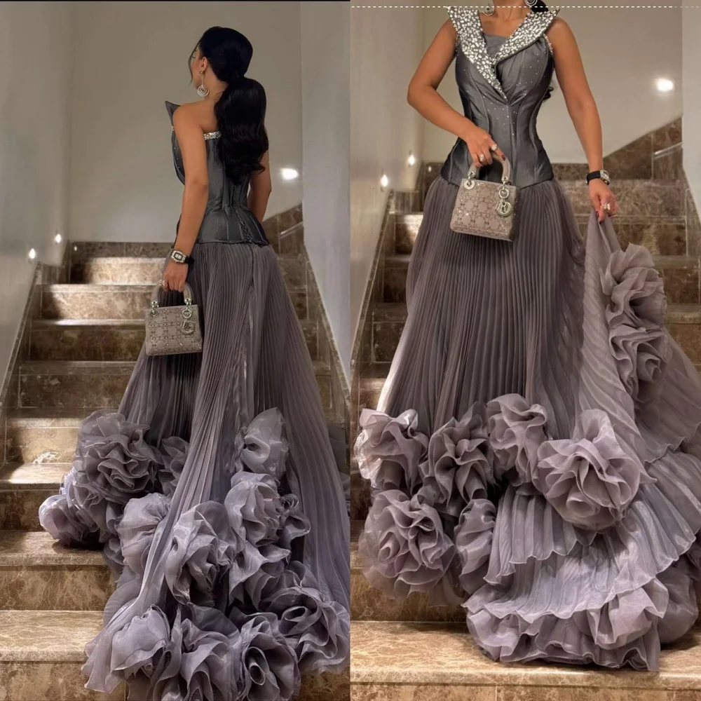 Contessa Dubai Gray Glitter Strapless Wedding Dress 3D Floral Skirt vestidos de noche Floor-Length فساتين سهرة Customized 2025