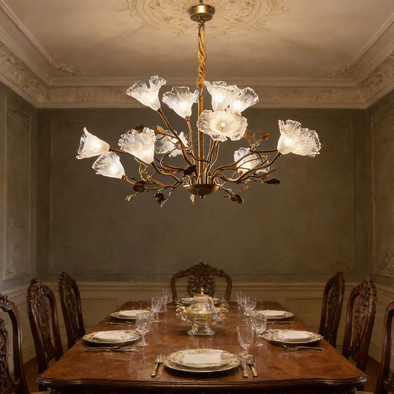 2026 New French Vintage Chandelier solid Brass Glass Flower Pendant Light Luxury Ceiling Lamp for Living Dining Bedroom lighting