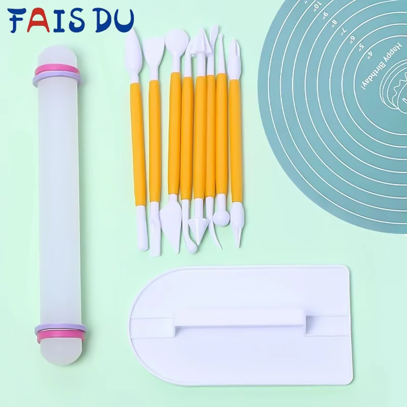 

FAIS DU 11 PCS DIY Baking Tools Set for Home Cake Baking Non Stick Rolling Pin Carving Tools Silicone Pad and Cake leveler