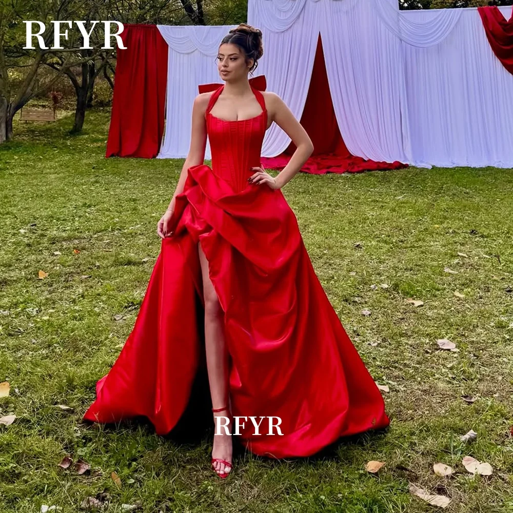

RFYR Red Prom Dress Halter Party Dress for Women High Slit Evening Dress Satin Princess Gowns for Women vestidos Customized