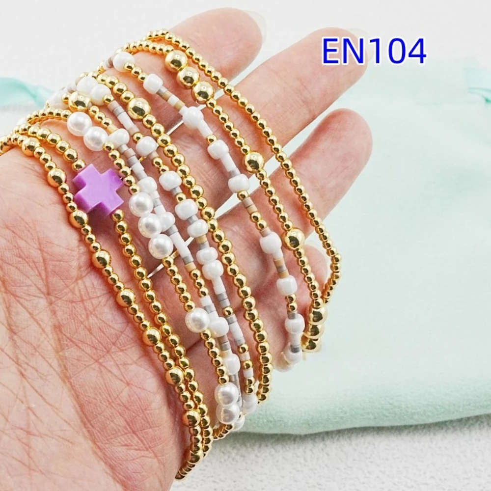 YEEVAA Dainty Purple Cross&Pearl Beaded Stackable Bracelet, Gold Plated Stretch Layered Bracelets Minimalist Jewelry for Women