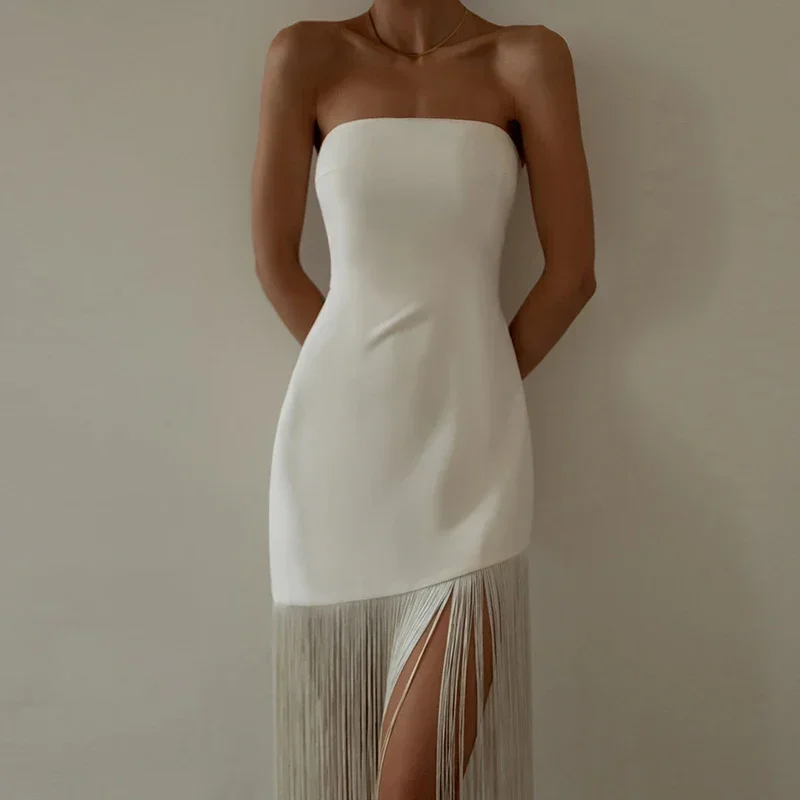 Robe de Soirée Élégante à Franges pour Femme, Tenue Mi-longue, Sans Bretelles, Sexy, Noir, Blanc, Été, 2024, YXQ11