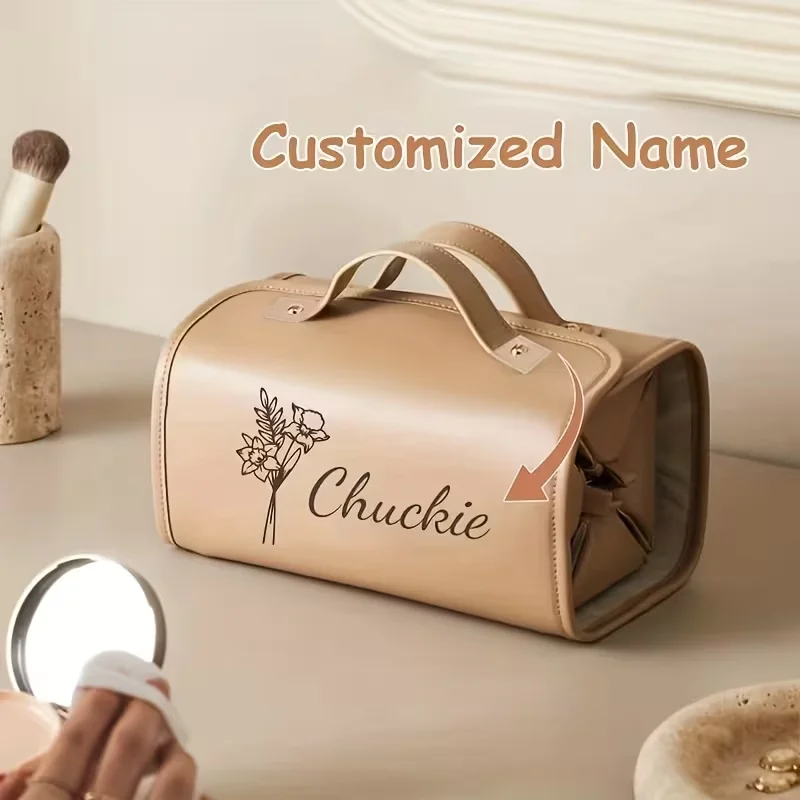 1Pc Personalized Custom Logo Text Birth Month Floral Name Date Makeup Bag—4-In-1 Foldable Travel Cosmetic Storage Bag with Divider and Handle, Suitable for Women, Mothers, and Wives—Handmade Gift