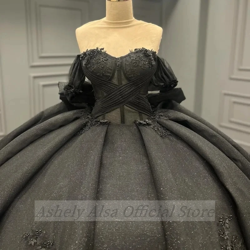 Real Picture Gothic Black Quinceanera Dresses Off Shoulder Lace Applique Bow Vetido De xv 15 Anos Prom Pageant Gown Sweet 14 16