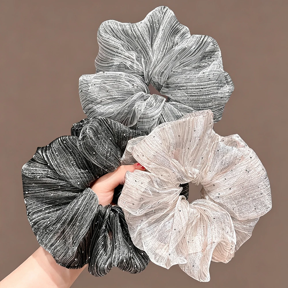 1/3pcs Fashion Sparkle Striped Pleated Mesh Big Scrunchies Tiny Rhinestone Sheer Organza Hair Ties Minimalist Hair Accessories