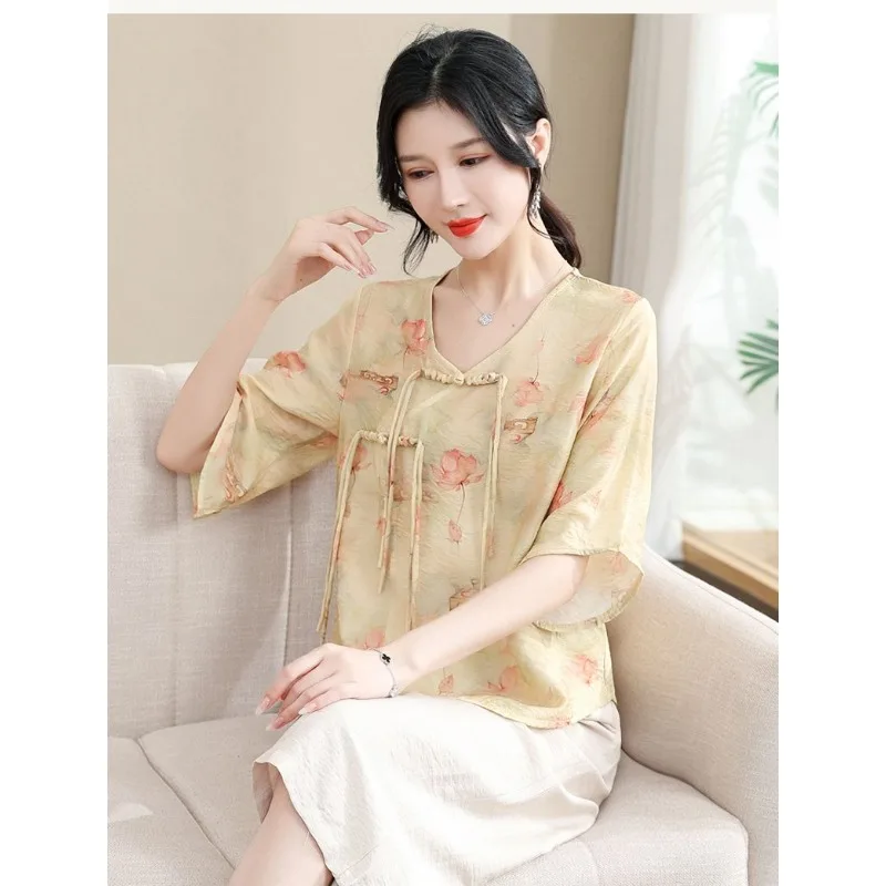 

Летняя футболка с короткими рукавами Элегантная женская рубашка среднего и пожилого возраста