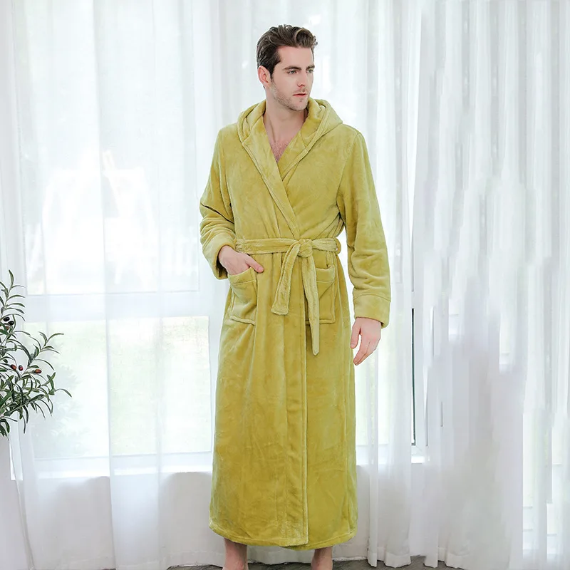 Men Sleepwear Thicken Flannel Bathrobe Gown Loose Robe Winter Warm Kimono Bath Gown Long Peignoirs Shower Robes Home Clothes