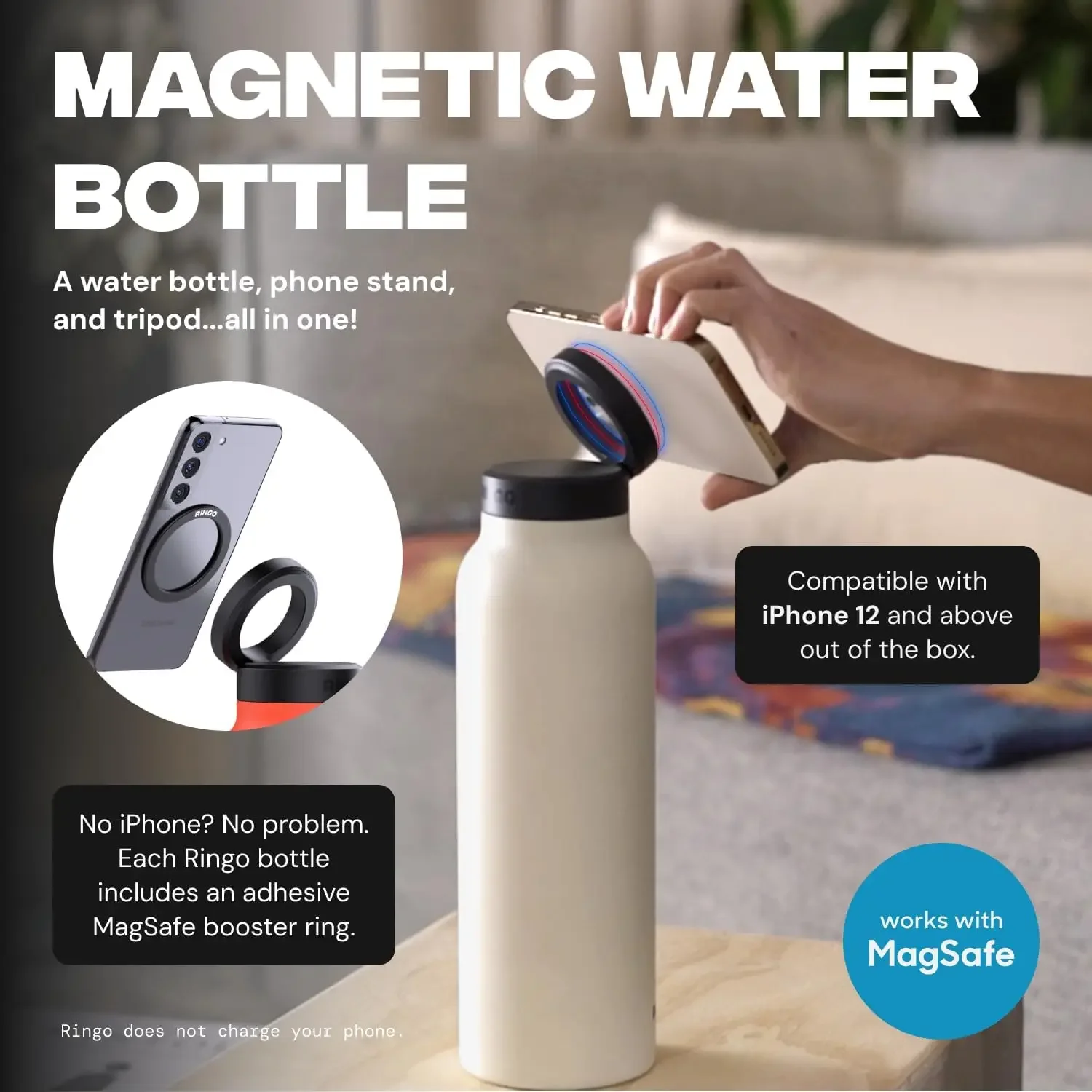 2024 720ml Unique Magnet Water Bottle 304 Stainless Steel Insulated Magsafe Water Bottle with Magnetic Cell Phone Holder