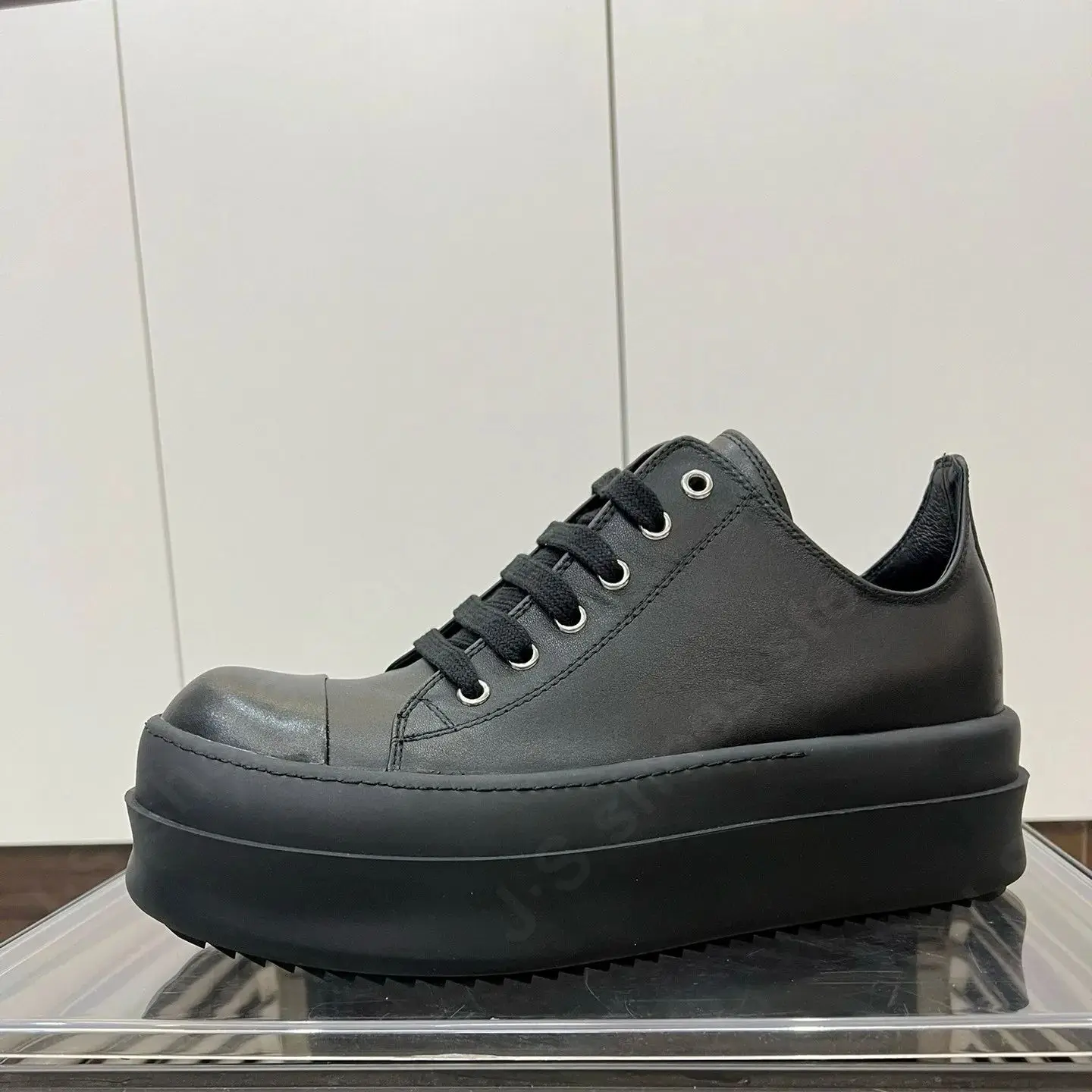 Ricks Luxury Men Shoe Women Sneaker Black Leather Shoe Owens Low Top Casual Shoes Lace Up 6cm Thick Sole Outside Flat Sneakers