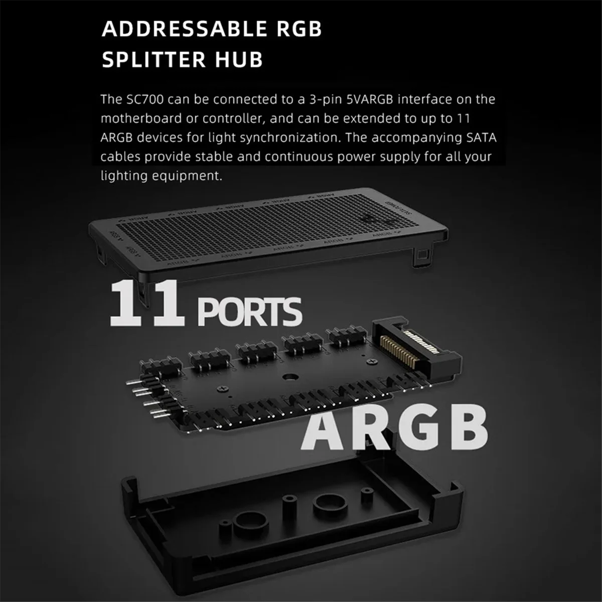 SLQZT SC700 A-RGB Fan Hub, 12 พอร์ต 5V 3Pin ARGB Fan HUB, การออกแบบแบ็คเพลนแม่เหล็ก, เหมาะสําหรับ 5V 3-Pin, SATA Powered