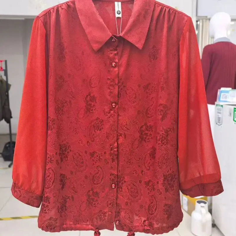

Fashionable Mommy Style Loose Fit Floral Embroidery Seven Quarter Sleeve Shirt Women's Spring Summer New Loose Slimming Top