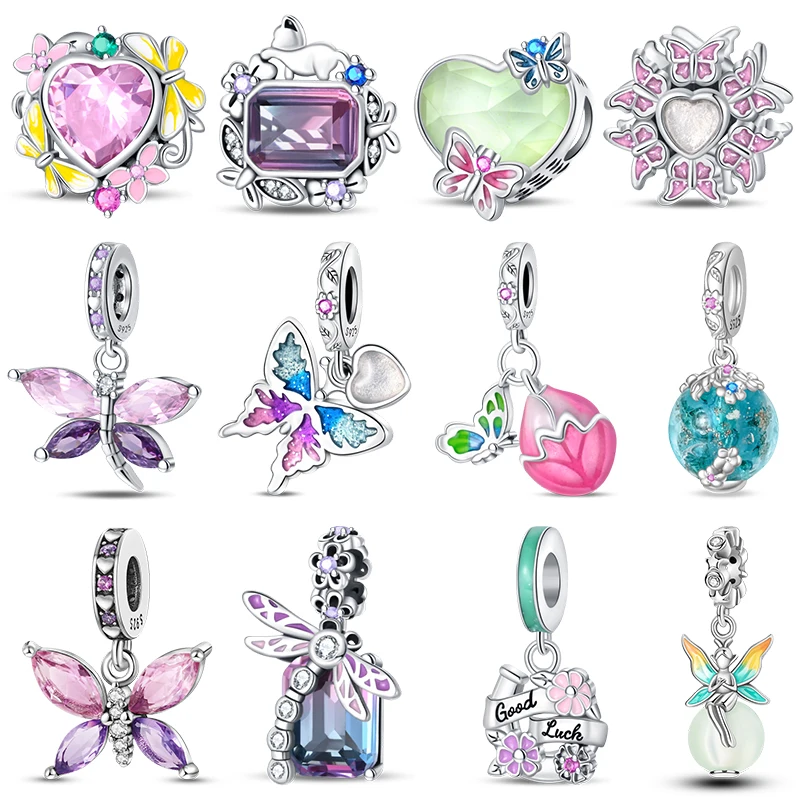 

New 100% 925 Sterling Silver Flowers Gem Butterfly Charms Beads Fit Pandora 925 Original Bracelet DIY Warm Birthday Jewelry Gift