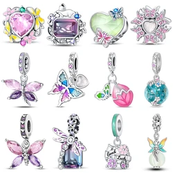 New 100% 925 Sterling Silver Flowers Gem Butterfly Charms Beads Fit Pandora 925 Original Bracelet DIY Warm Birthday Jewelry Gift