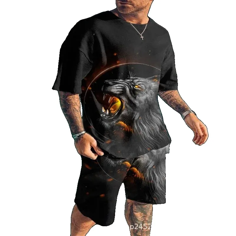 2025 Summer 3D Printing Set Casual Men's T-shirt Sportswear Short Sleeve 2-piece Set Round Neck Comfortable Daily Casual Style