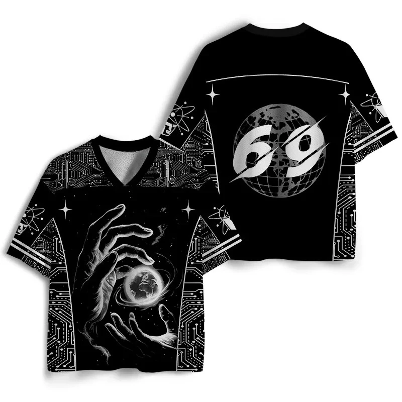 2026 Summer Fashion Gothic Style Gothic Exploring The Universe with Hands 3D Printed Loose Short Sleeved Street V-neck T-shirt