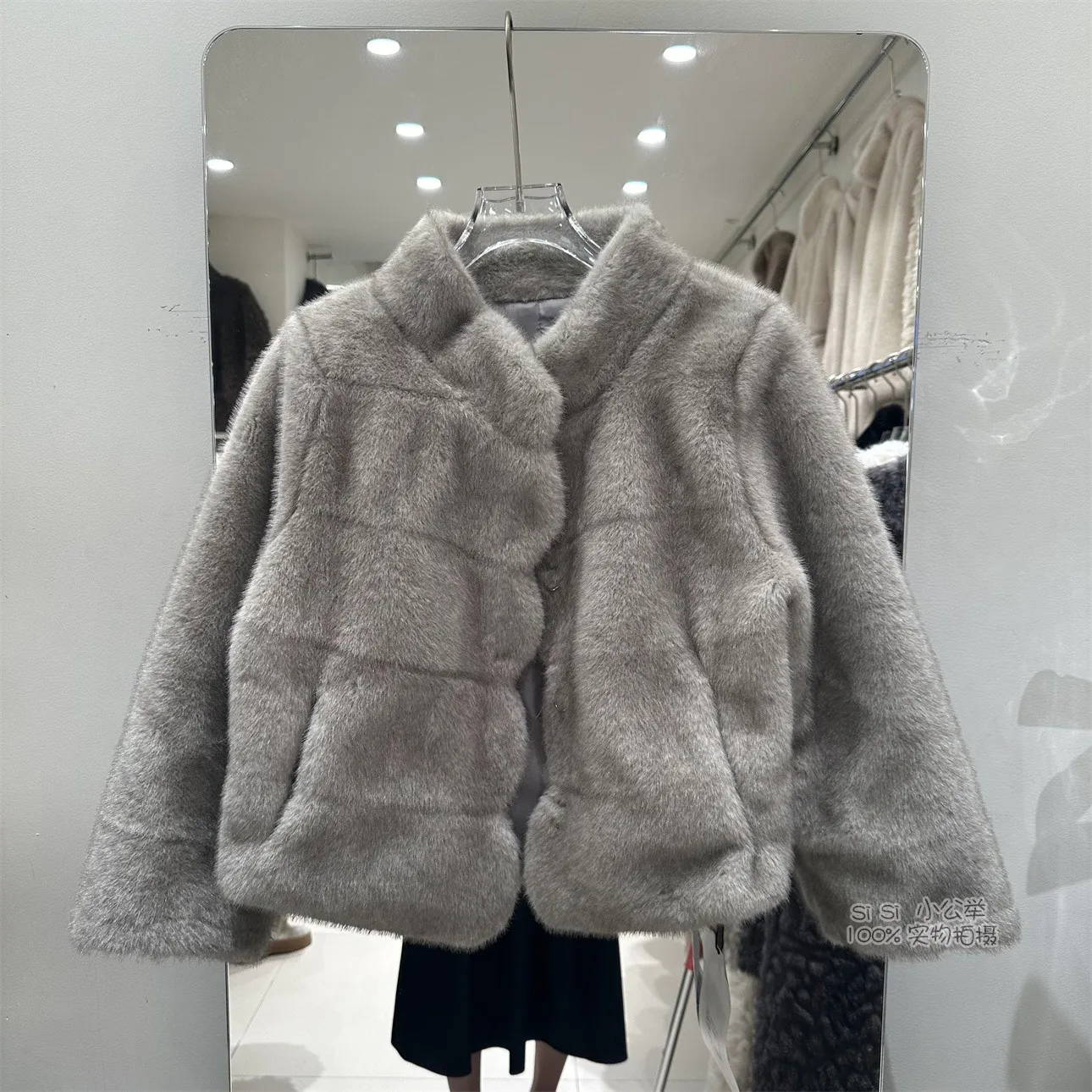 Women's Autumn Winter Faux Mink Hair Long Sleeve Single Breasted Loose Coat Lady Elegant Stand Collar Warm Faux Fur Outwear